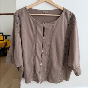 Aerie Button-Front Taupe Blouse with Lace Detail